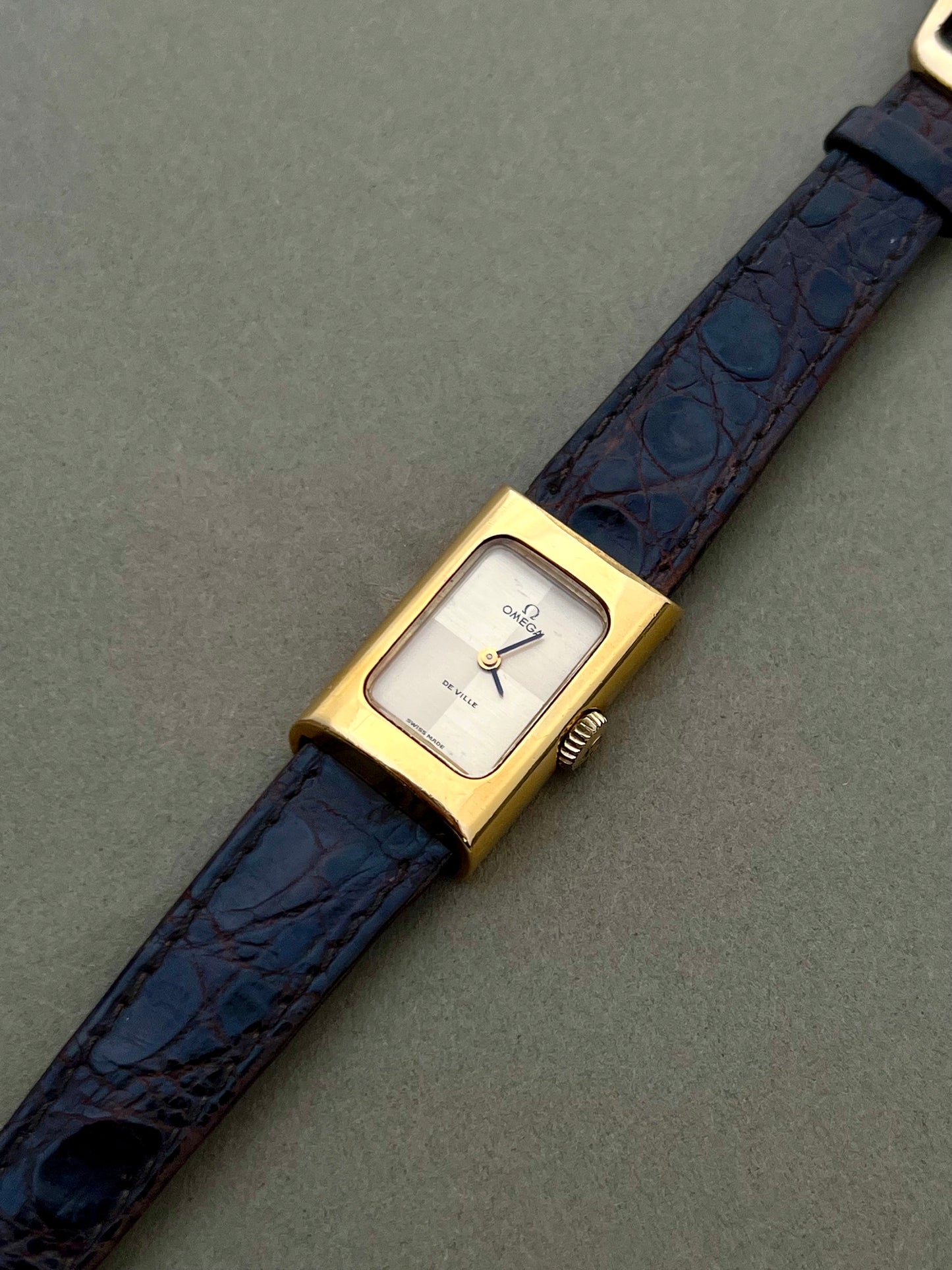 Omega De Ville Ladies Gold Rectangular Watch with Chequered Dial