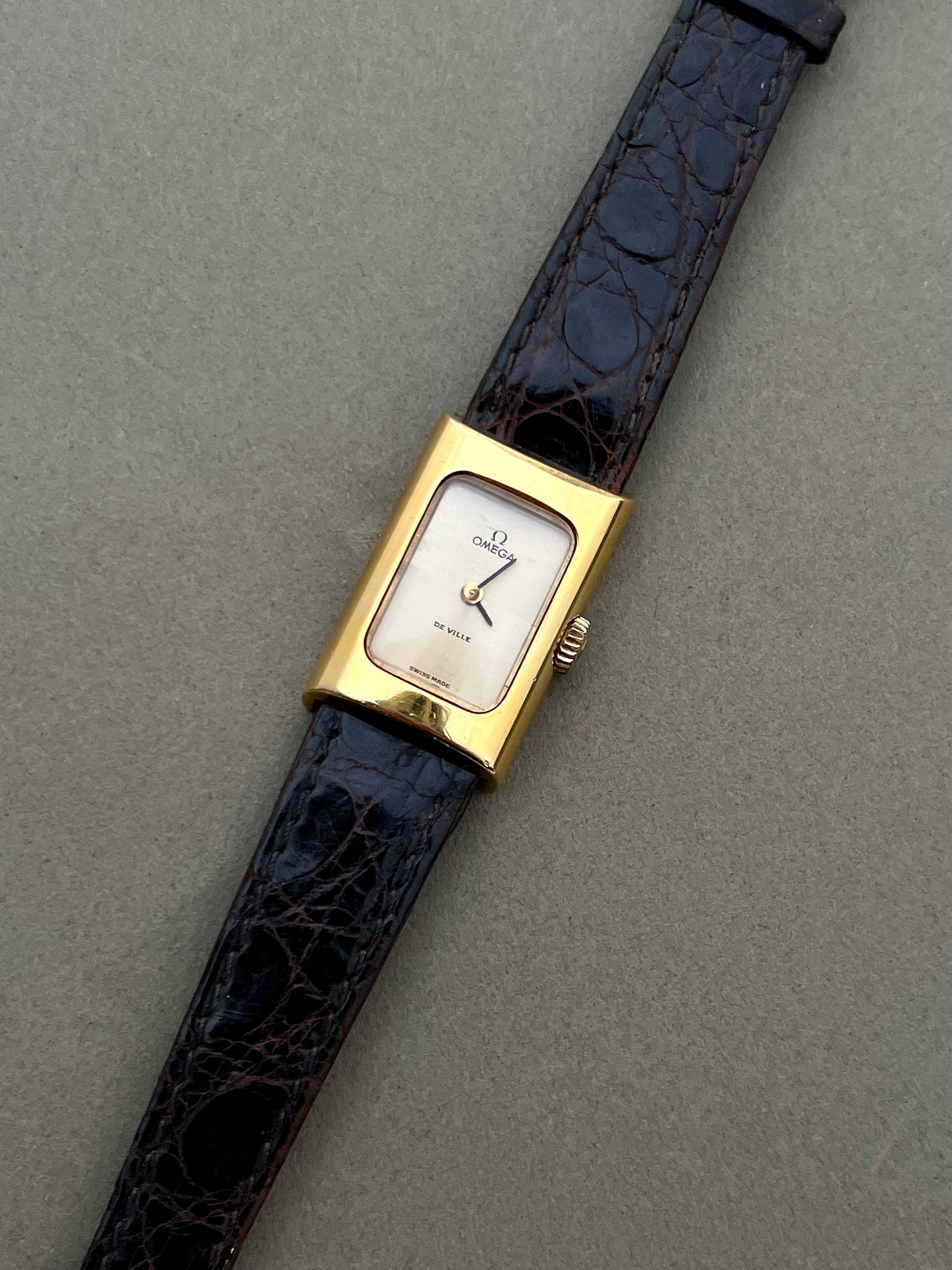 Omega De Ville Ladies Gold Rectangular Watch with Chequered Dial