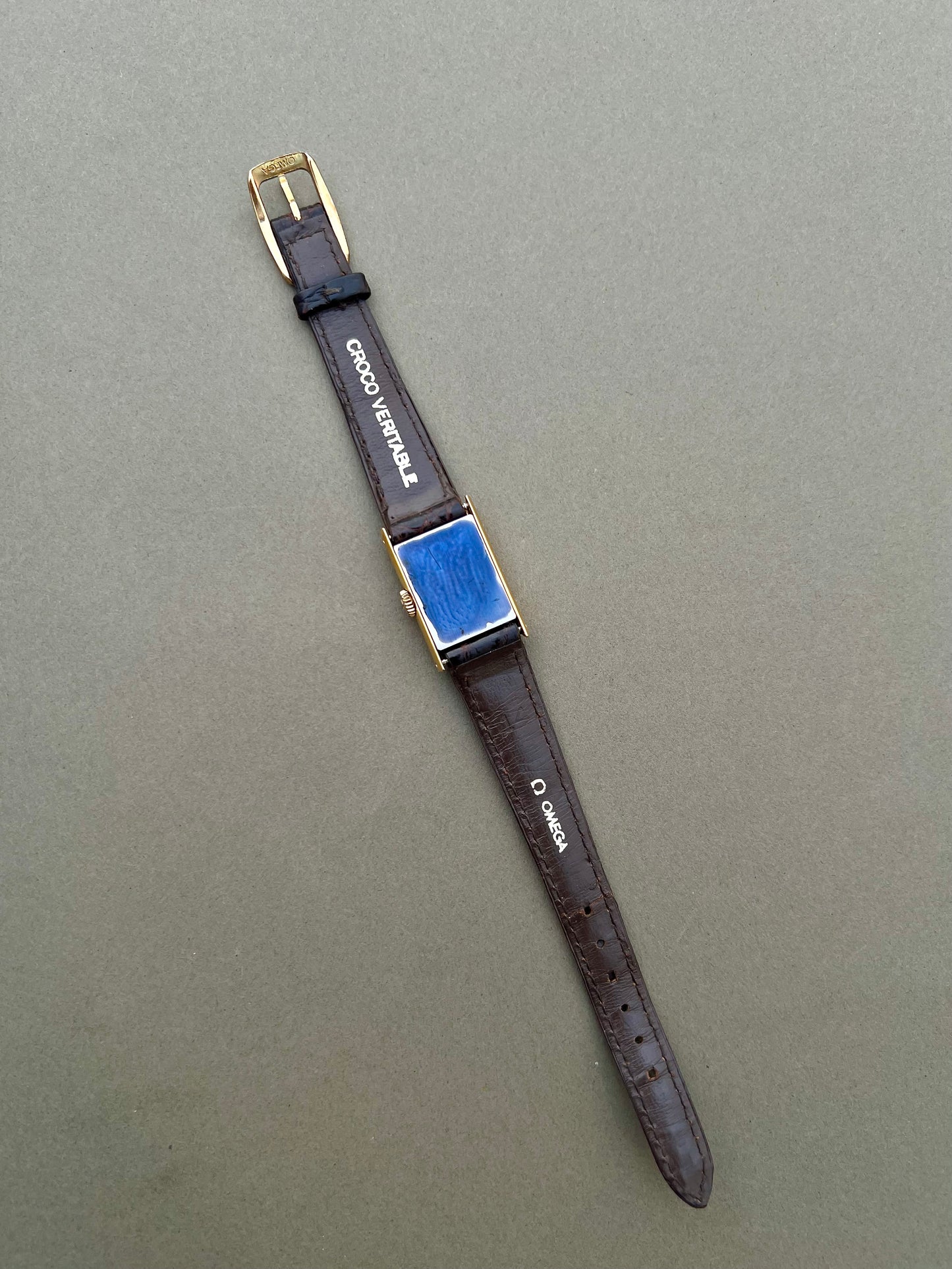 Omega De Ville Ladies Gold Rectangular Watch with Chequered Dial
