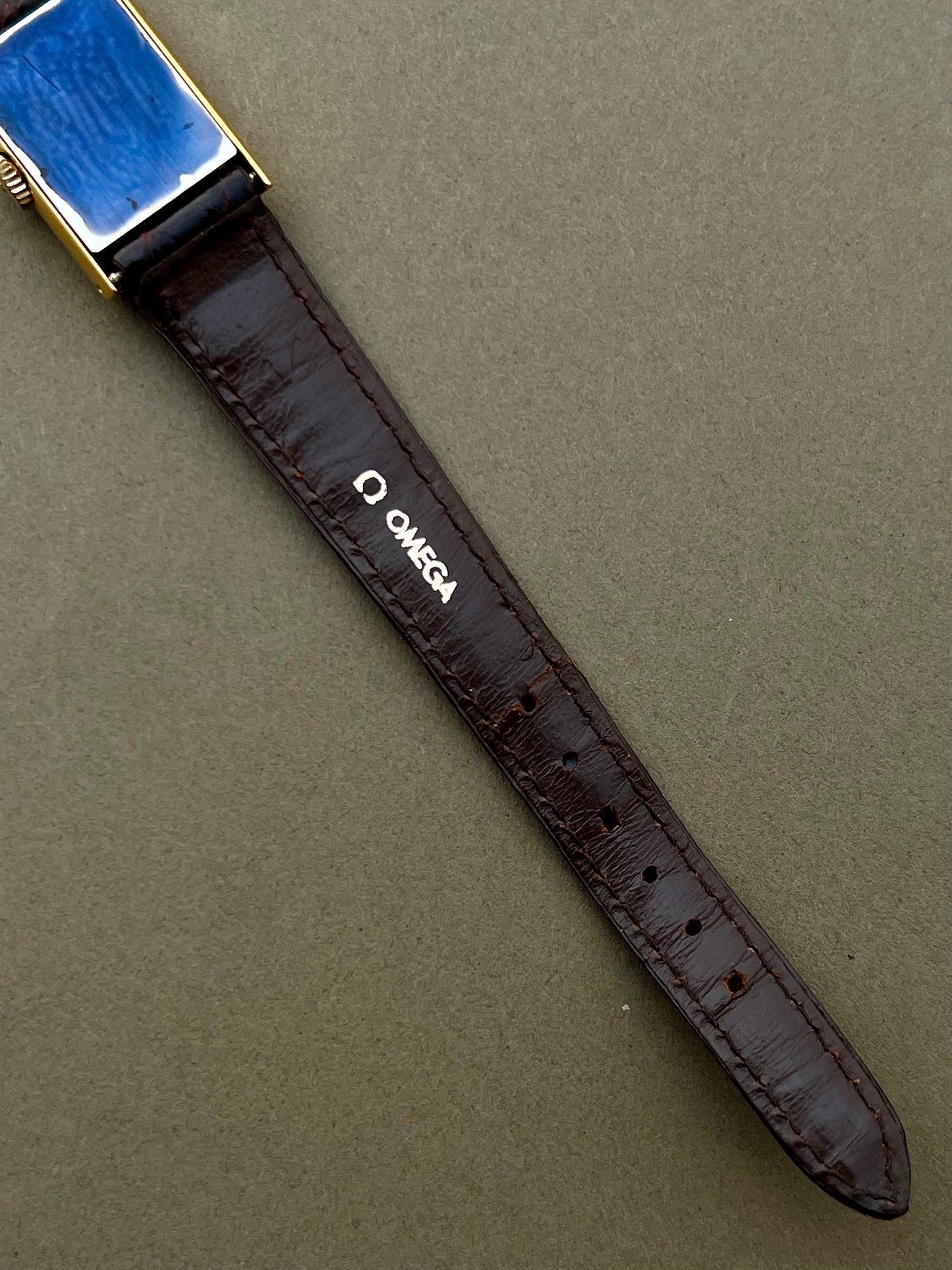 Omega De Ville Ladies Gold Rectangular Watch with Chequered Dial