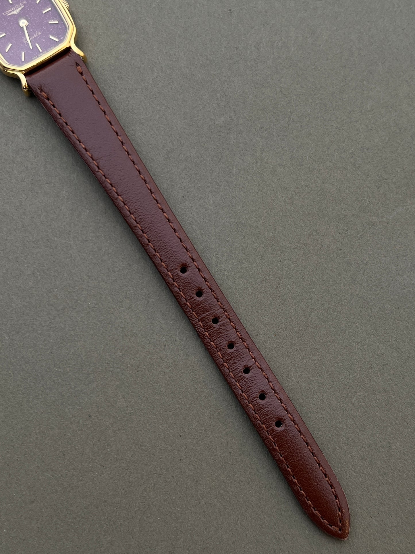 Longines Ladies Gold Cushion Watch with Stardust Wine Dial