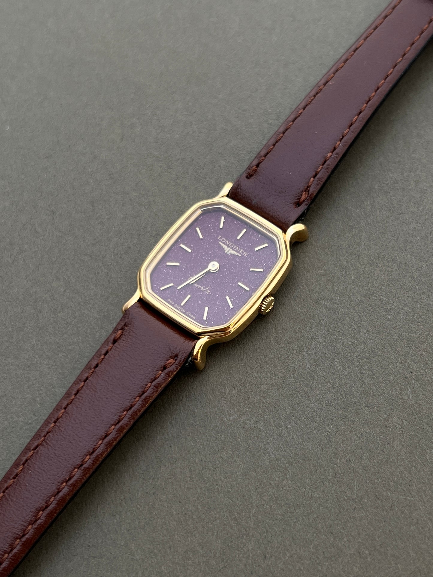 Longines Ladies Gold Cushion Watch with Stardust Wine Dial