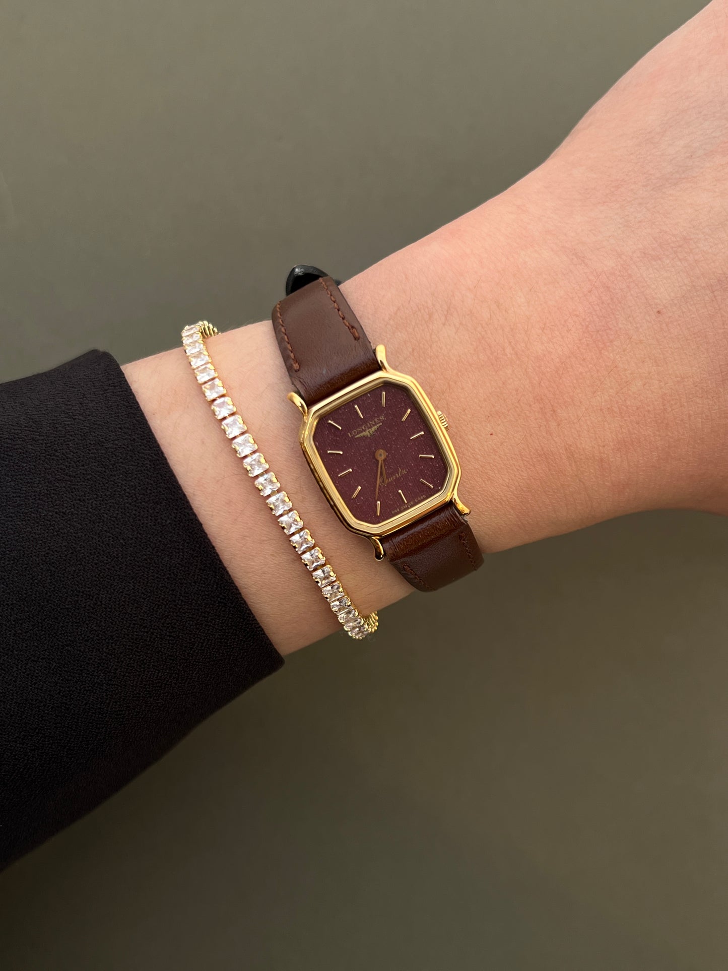 Longines Ladies Gold Cushion Watch with Stardust Wine Dial