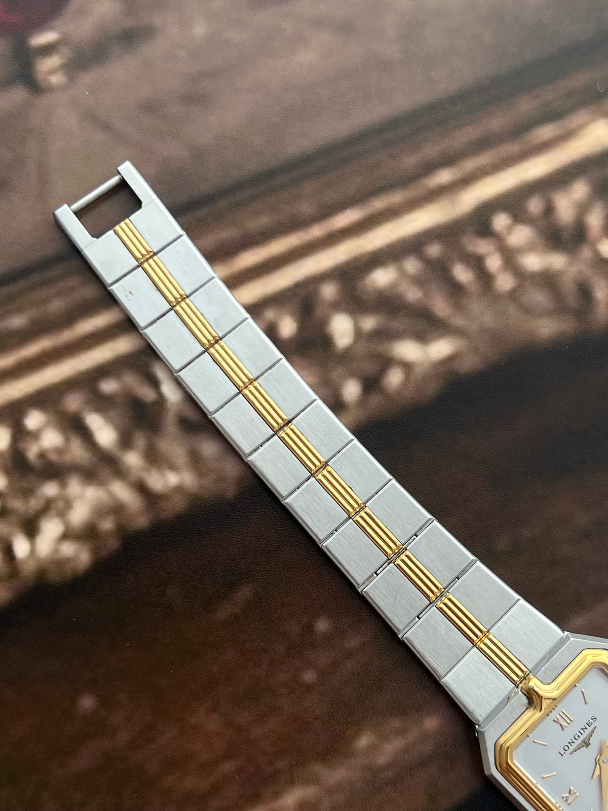 Longines Flagship Two Tone Rectangular Watch, front view of a vintage women's watch at Gilded Hour.