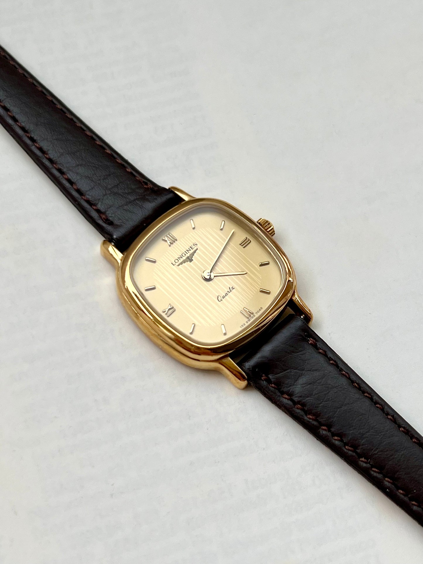 Longines Ladies Gold Cushion Watch with Champagne Stripe Dial