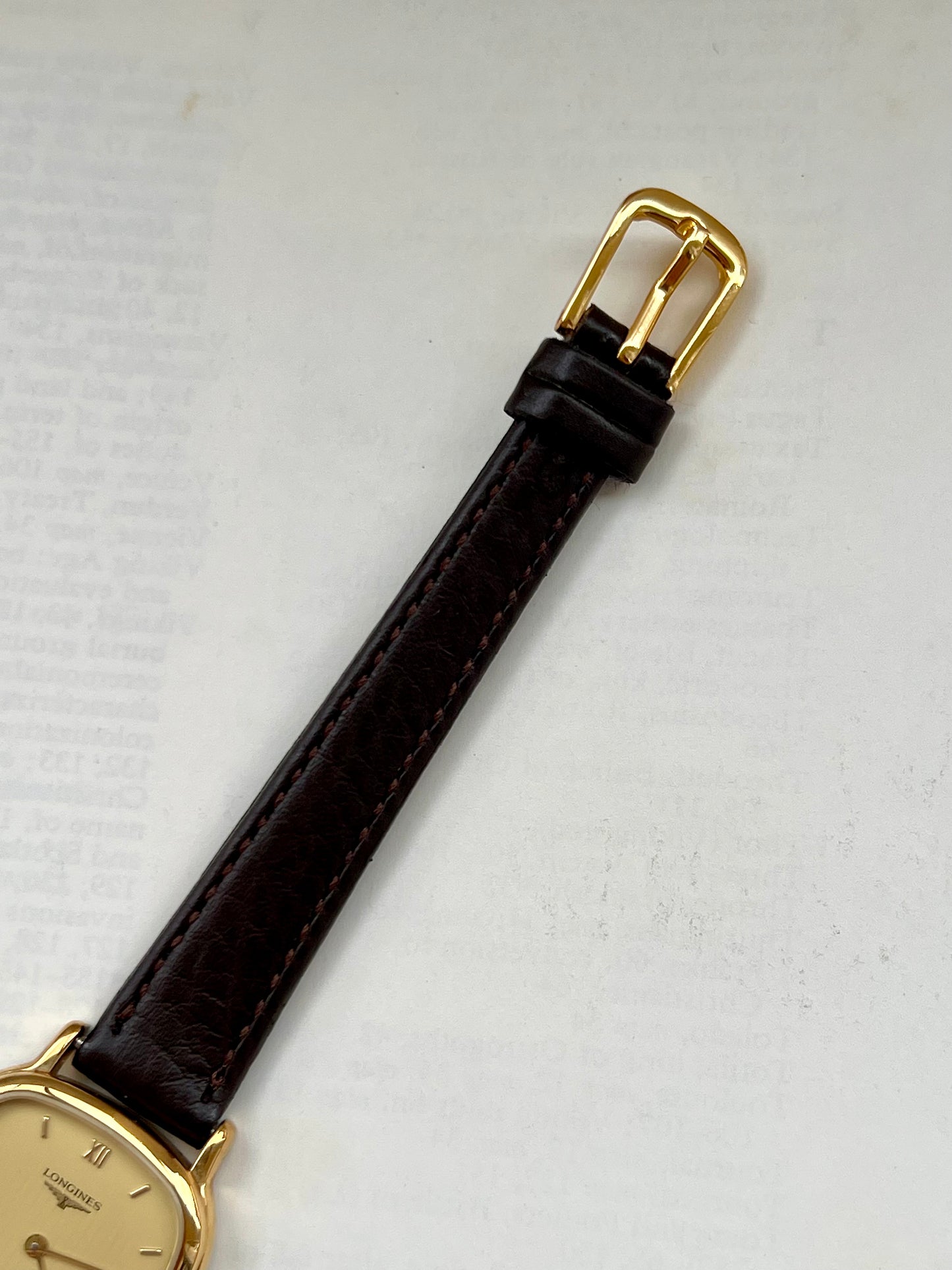 Longines Ladies Gold Cushion Watch with Champagne Stripe Dial