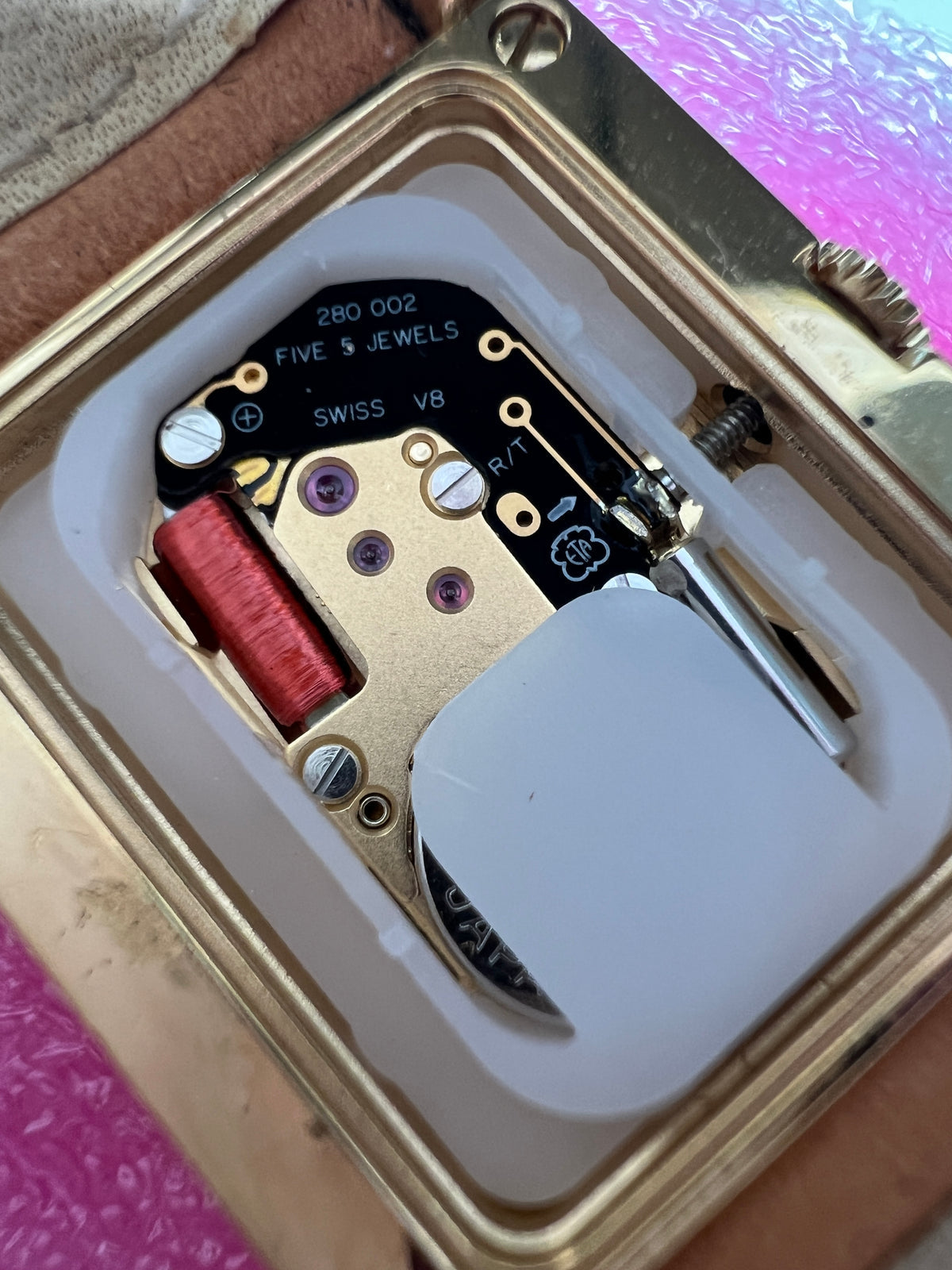 Christian Dior Malice Gold Square Watch with Tan Strap, box set of a vintage women's watch at Gilded Hour.
