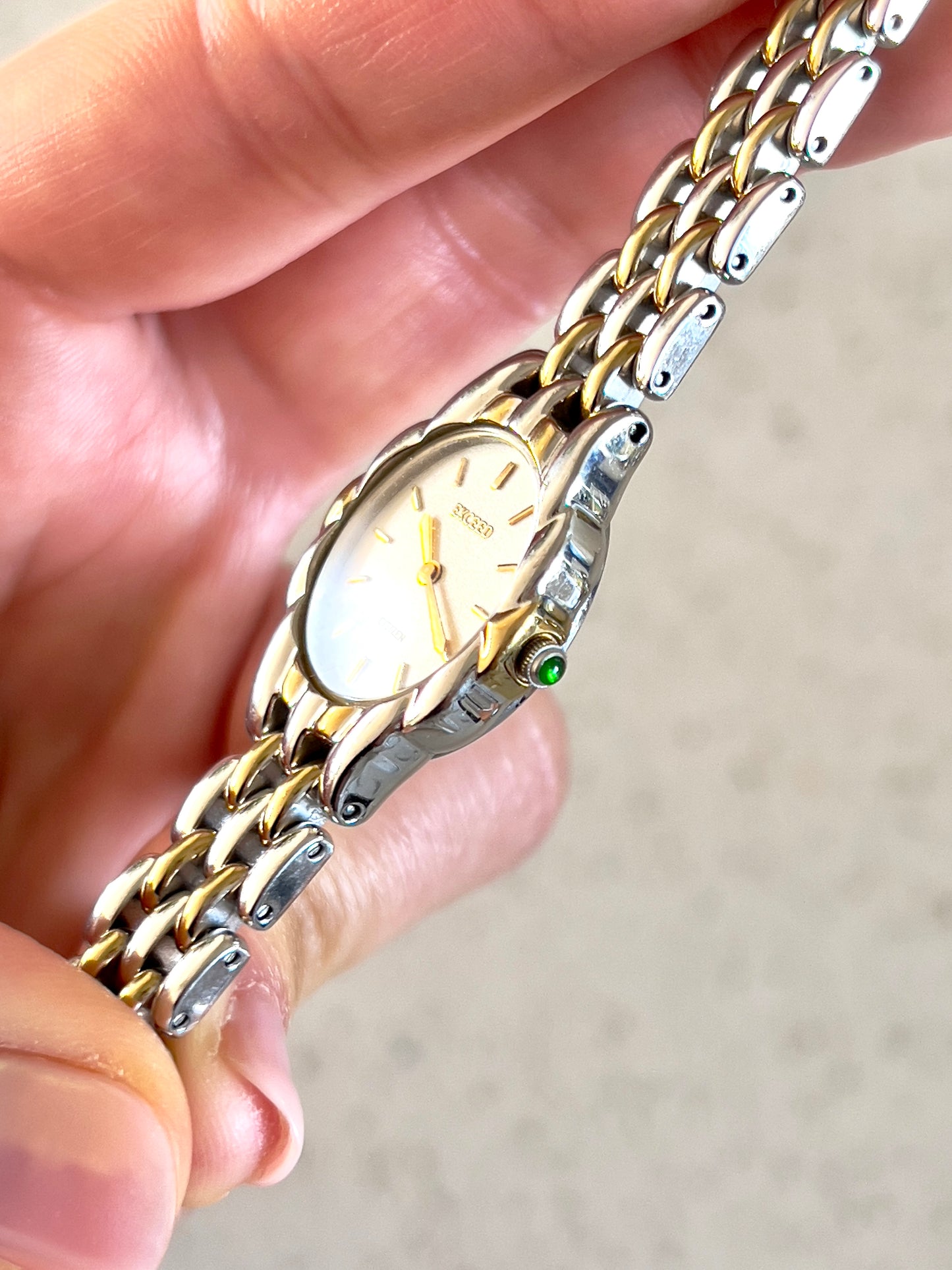 Citizen Womans Watch with a Volcanic Patterned Case & Green Crown Stone
