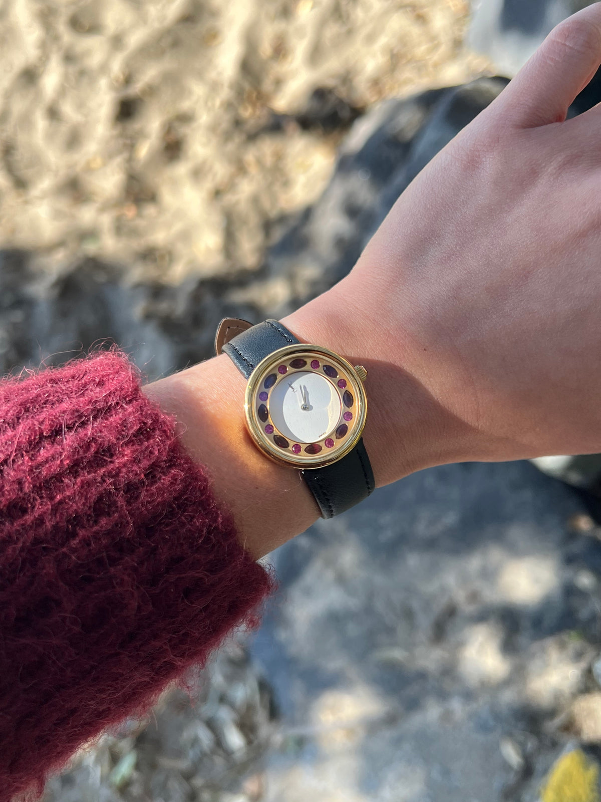 Yves Saint Lauren "Jewelled Halo" Watch in Shades of Red, bracelet detail of a vintage women's watch at Gilded Hour.