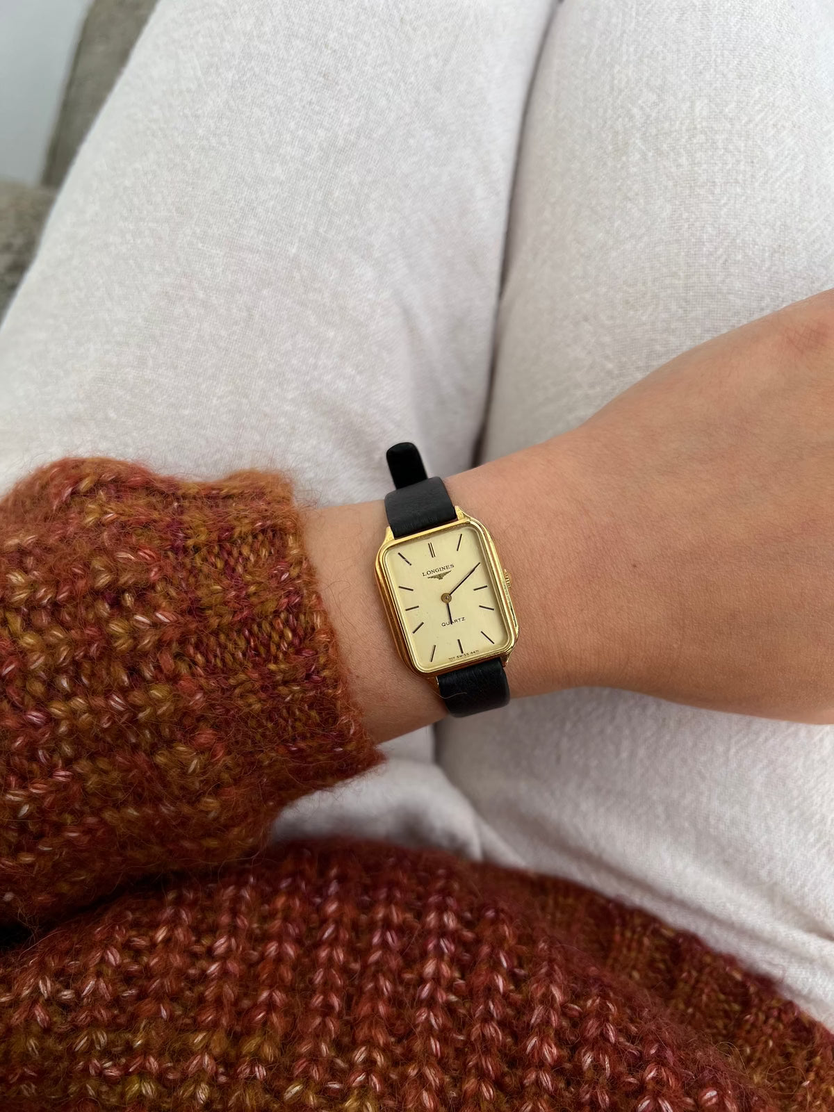 Longines Soft Rectangular Gold Tone Minimalist Women's Watch, dial close up of a vintage women's watch at Gilded Hour.