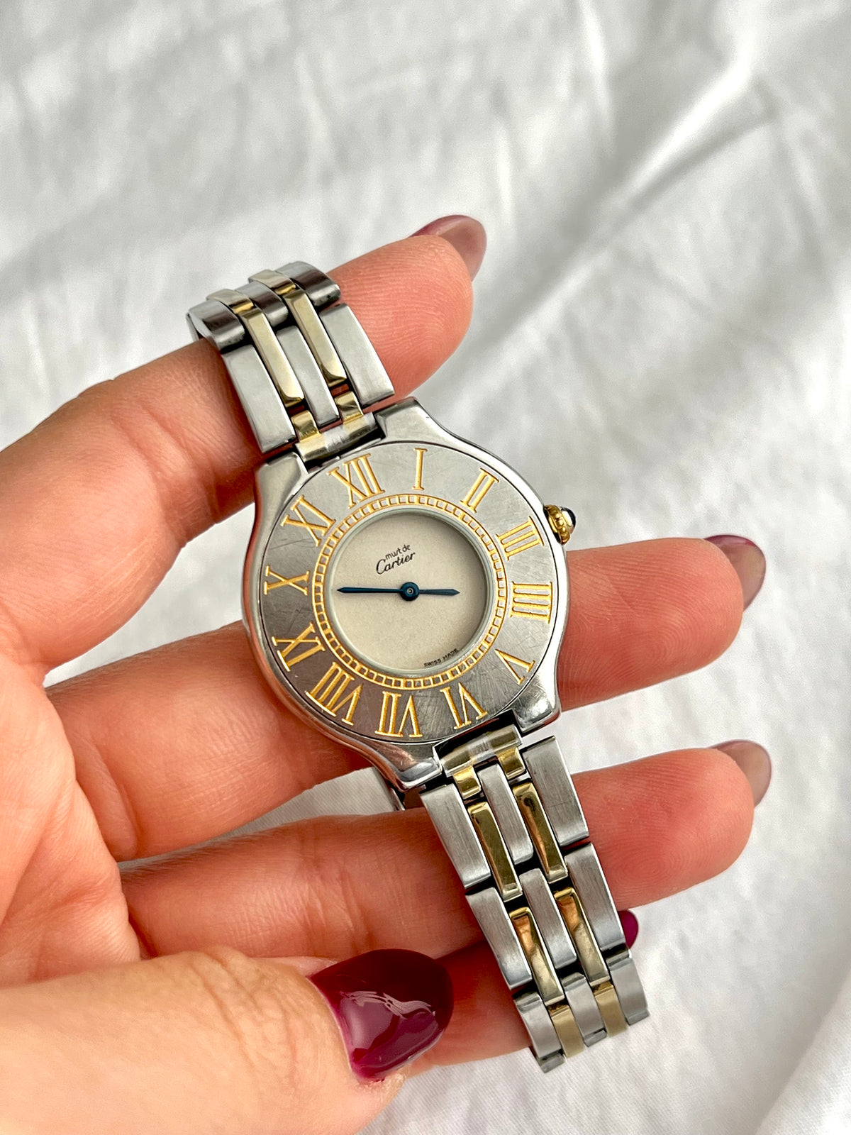 Must de Cartier 21 Two Tone Roman Dial Watch, wrist shot of a vintage women's watch at Gilded Hour.