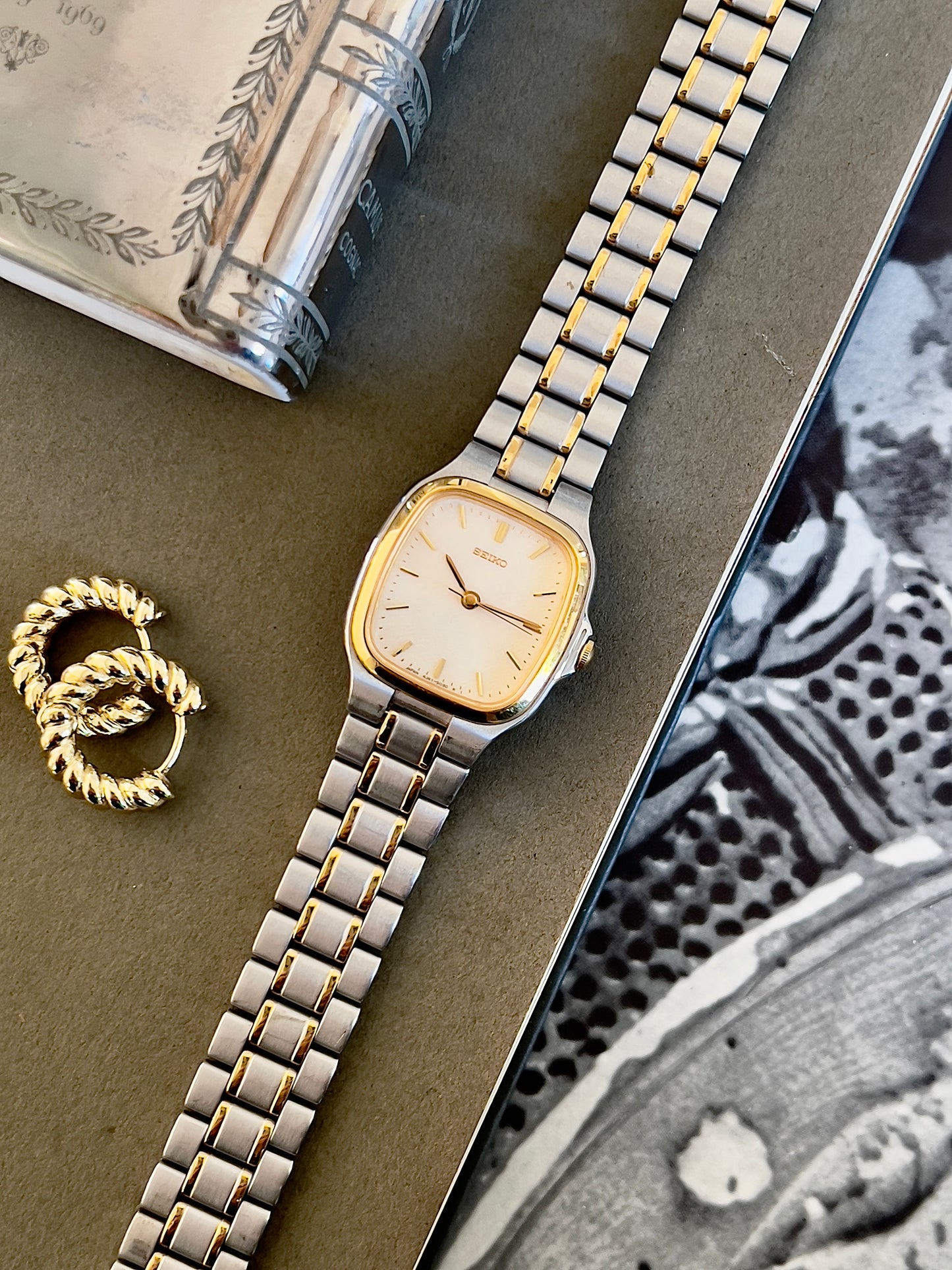 Seiko Square Two Toned Woman's Watch with Linen Textured Dial