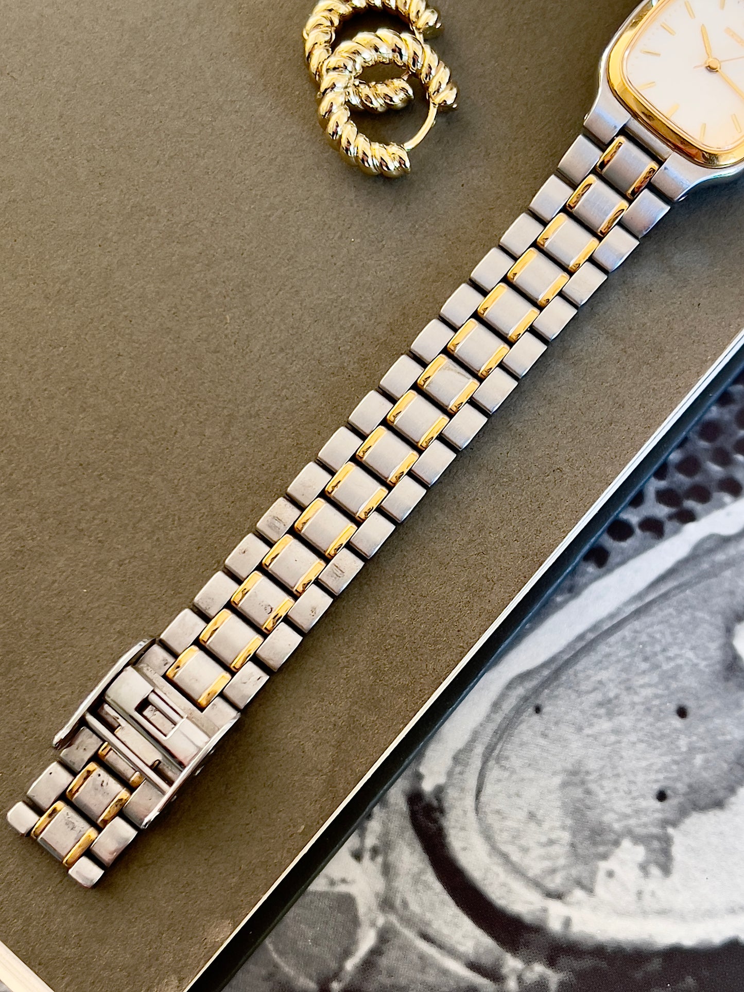 Seiko Square Two Toned Woman's Watch with Linen Textured Dial