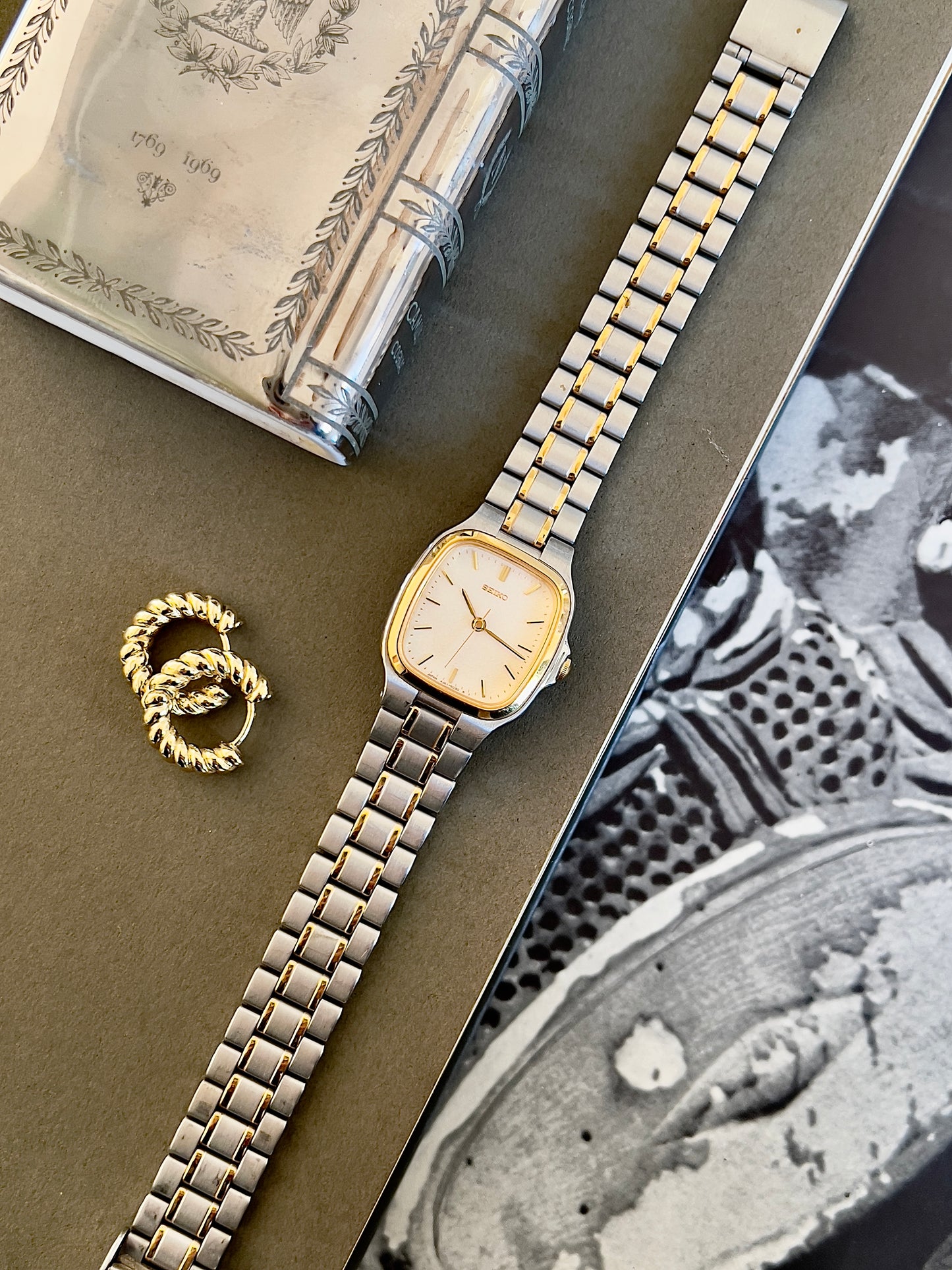 Seiko Square Two Toned Woman's Watch with Linen Textured Dial