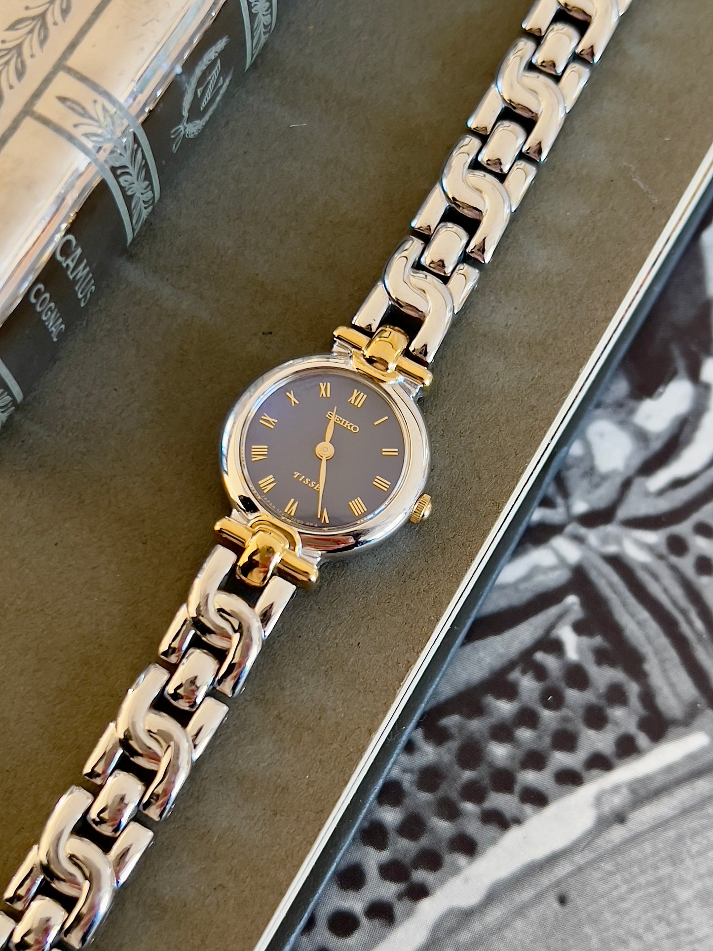 Seiko Two Tone Bracelet Sculpted Woman's Watch with a Blue Dial