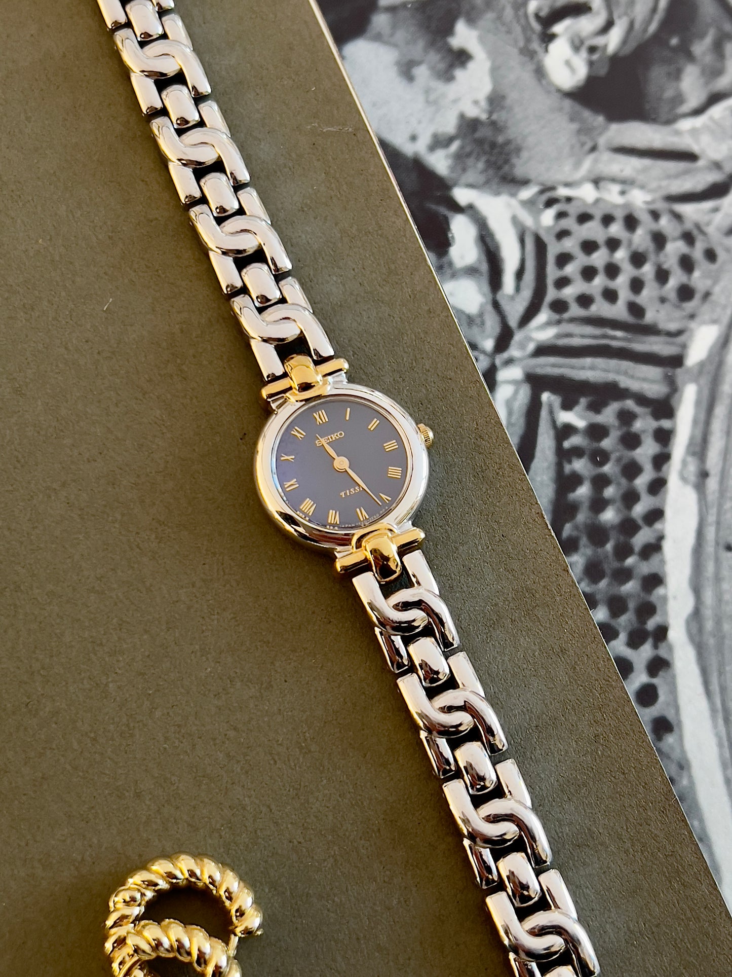 Seiko Two Tone Bracelet Sculpted Woman's Watch with a Blue Dial
