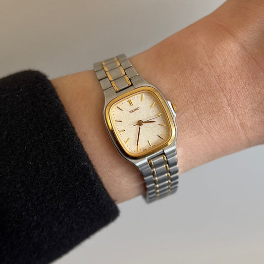 Seiko Square Two Toned Woman's Watch with Linen Textured Dial