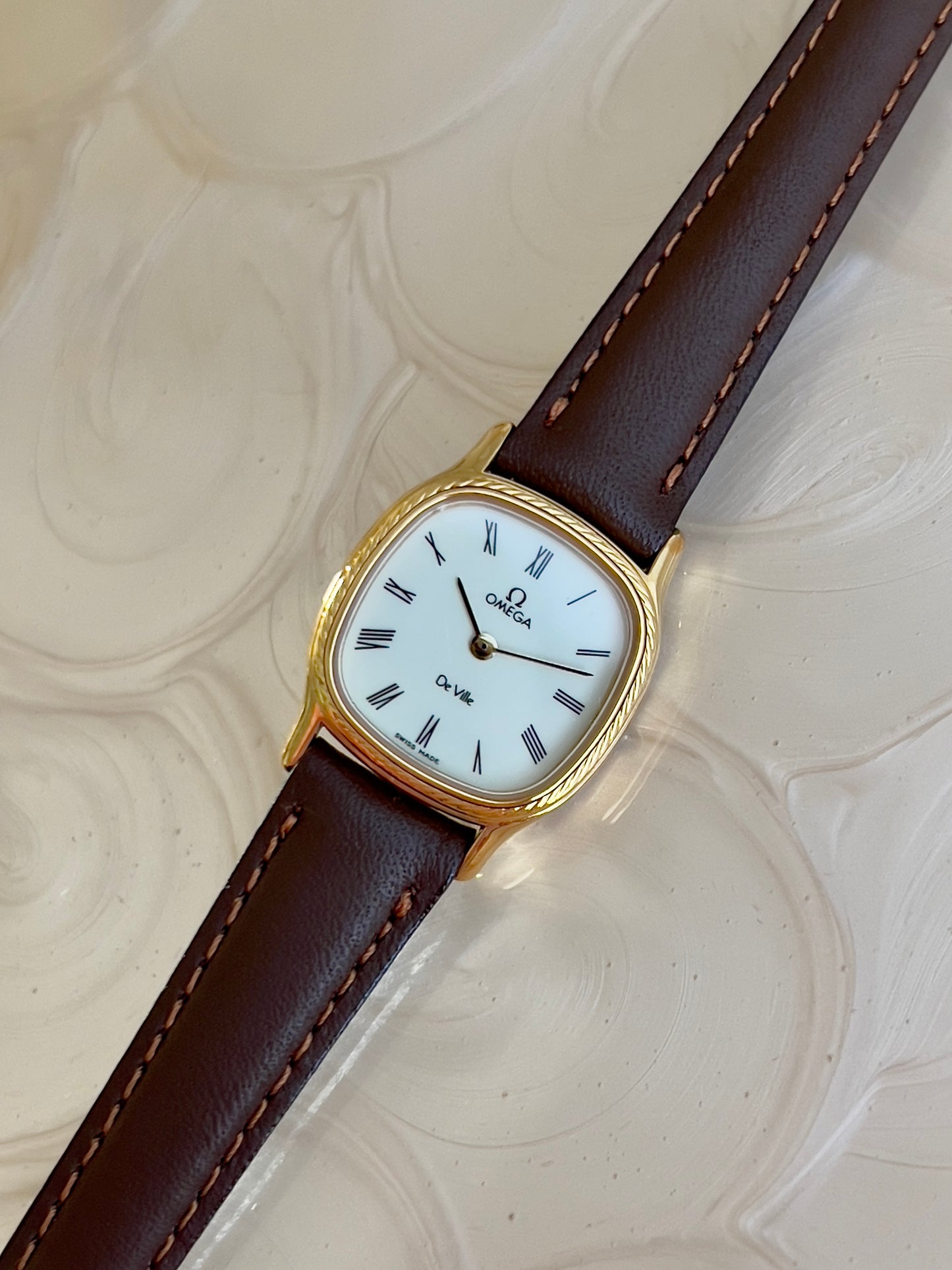 Omega De Ville Cushion Case Woman's Watch with Rope Bezel Pattern