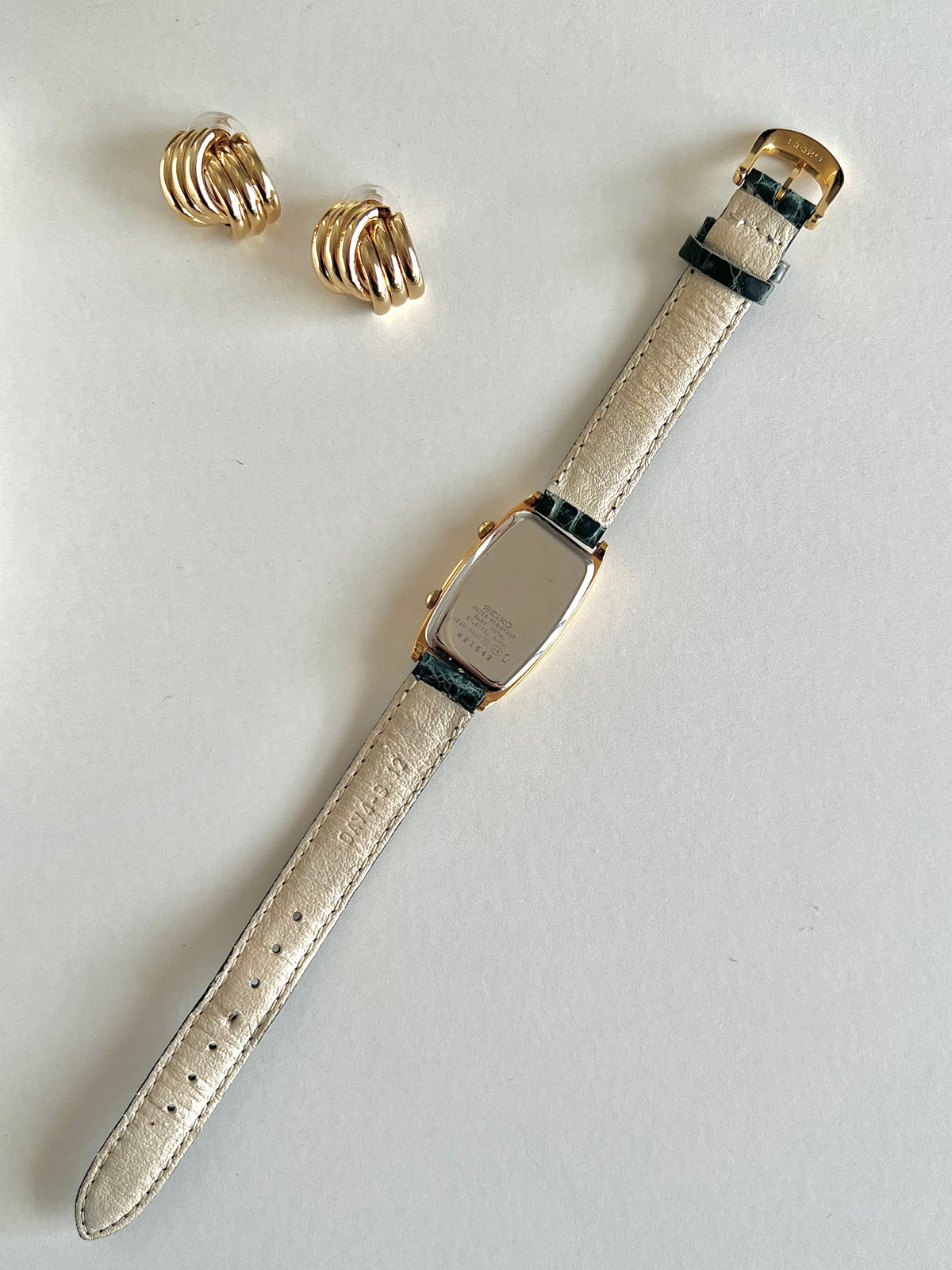 Seiko Noie Dual Dial Tonneau Watch, front view of a vintage women's watch at Gilded Hour.