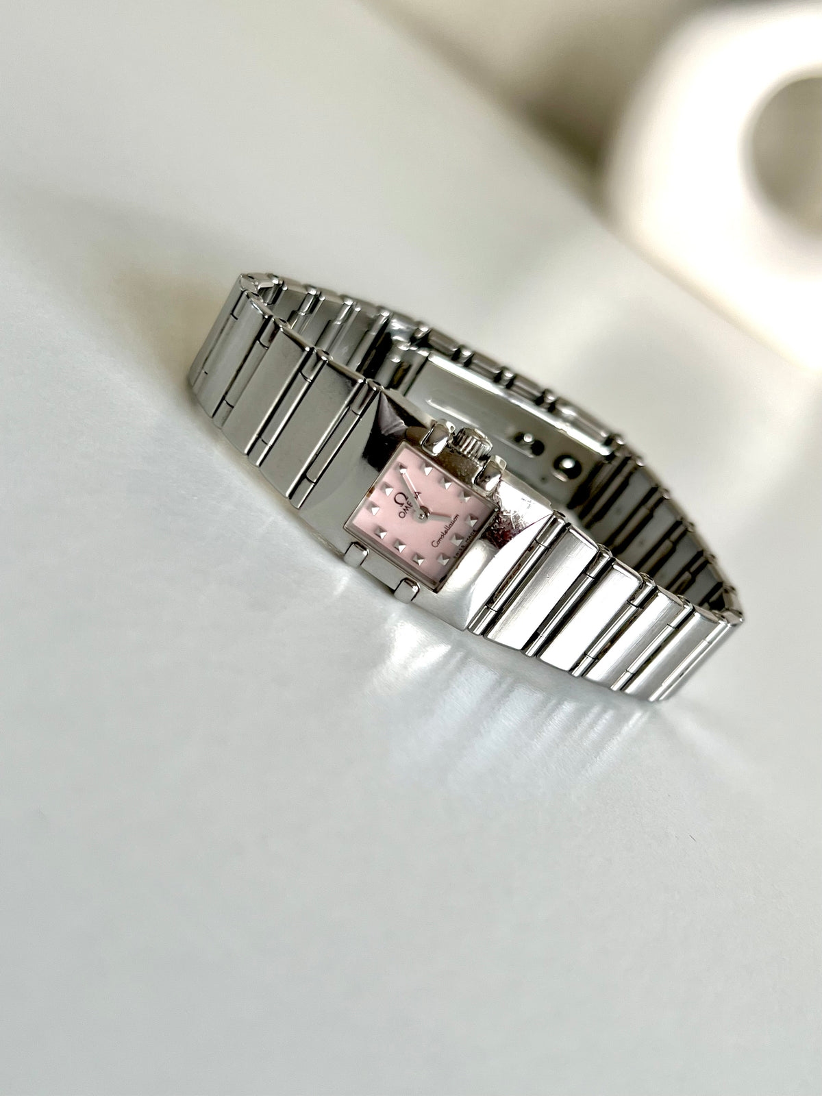 Omega Constellation Quadra Pink Mother of Pearl Dial Women's Watch, wrist shot of a vintage women's watch at Gilded Hour.