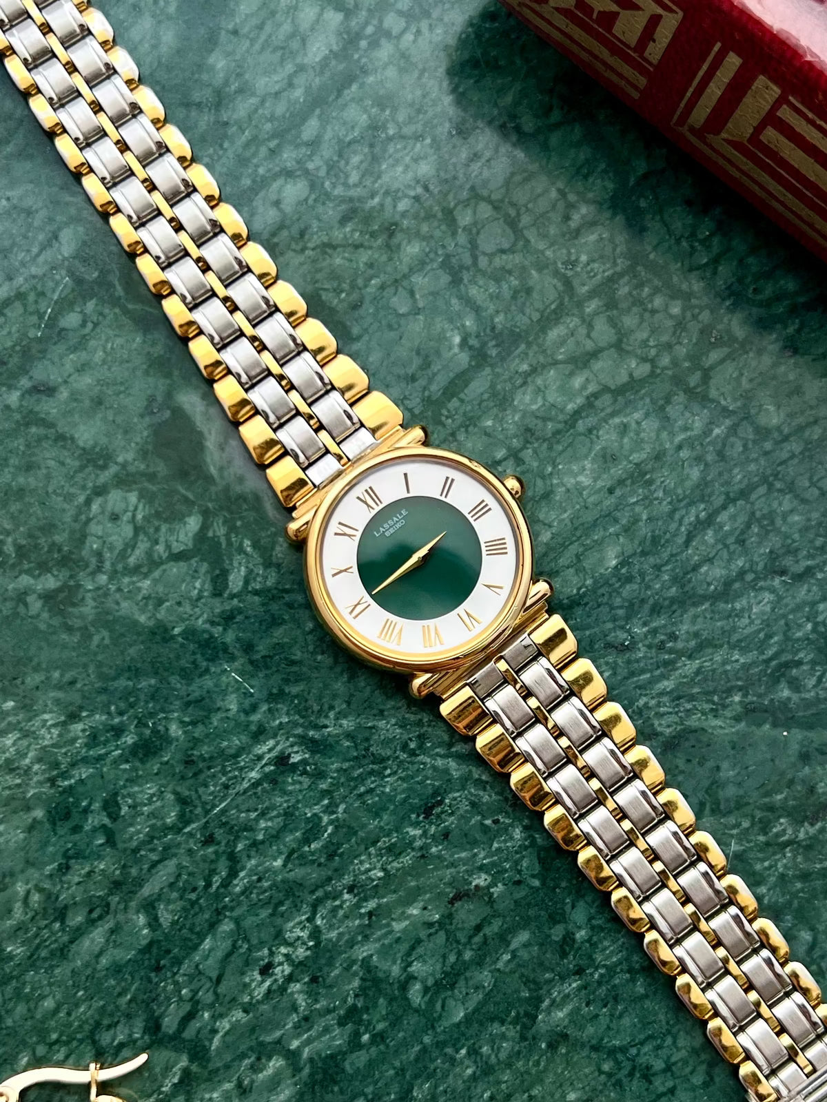 Seiko Lassale Emerald Poise Gold Women's Watch with Two Tone Bracelet, caseback detail of a vintage women's watch at Gilded Hour.