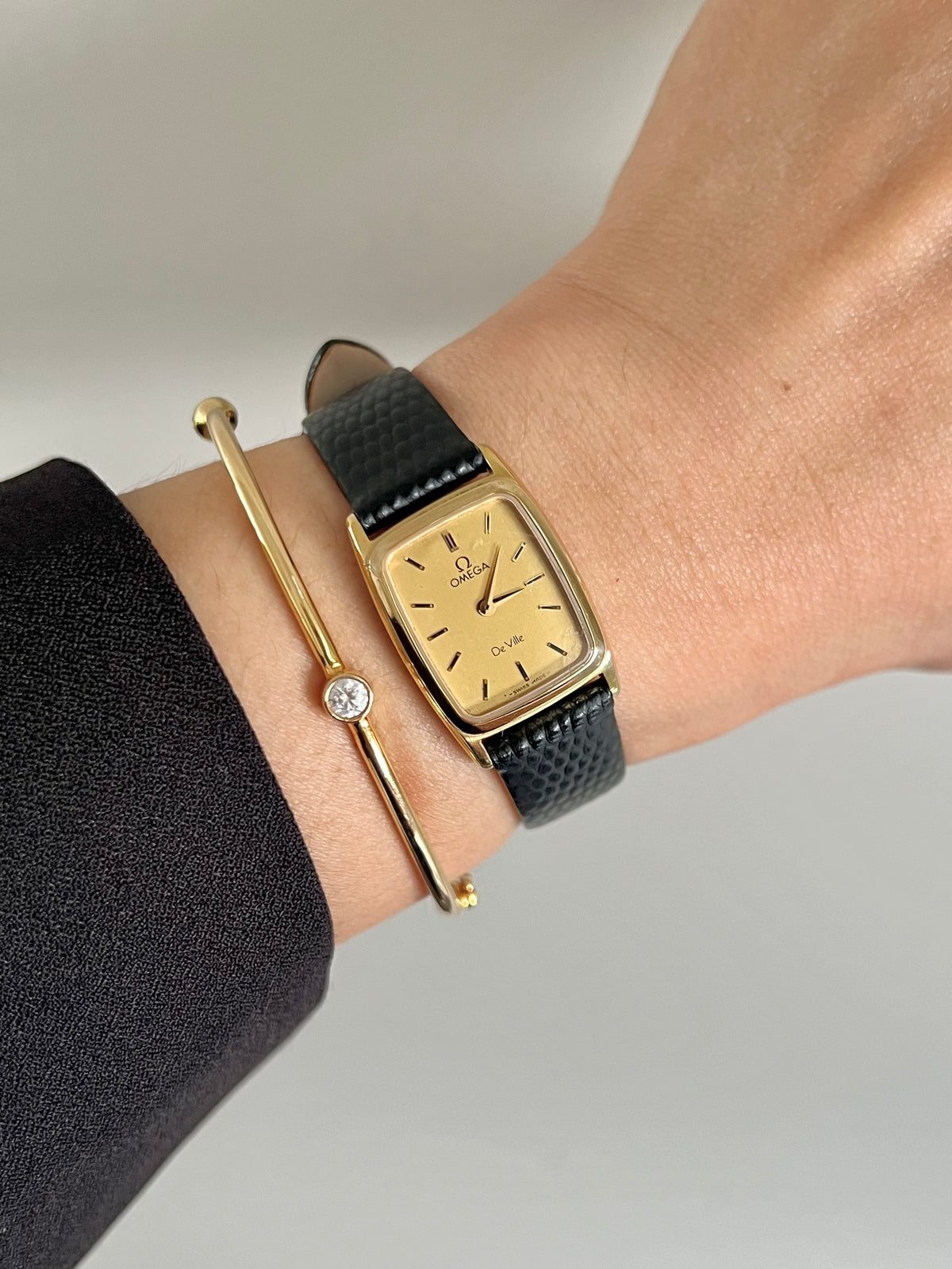 Omega De Ville Gold Soft Rectangular Women's Watch, box set of a vintage women's watch at Gilded Hour.