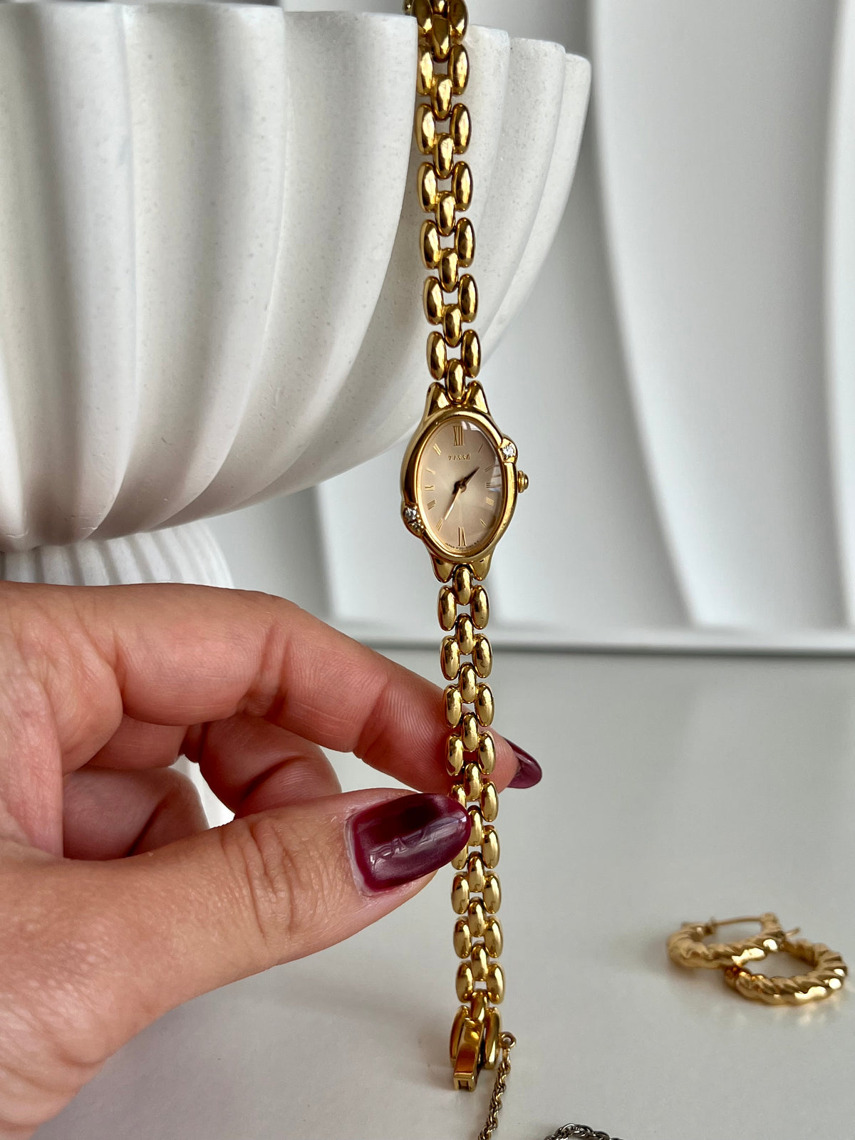 Seiko Tisse Rice Bracelet Watch with inlaid Diamonds, caseback detail of a vintage women's watch at Gilded Hour.
