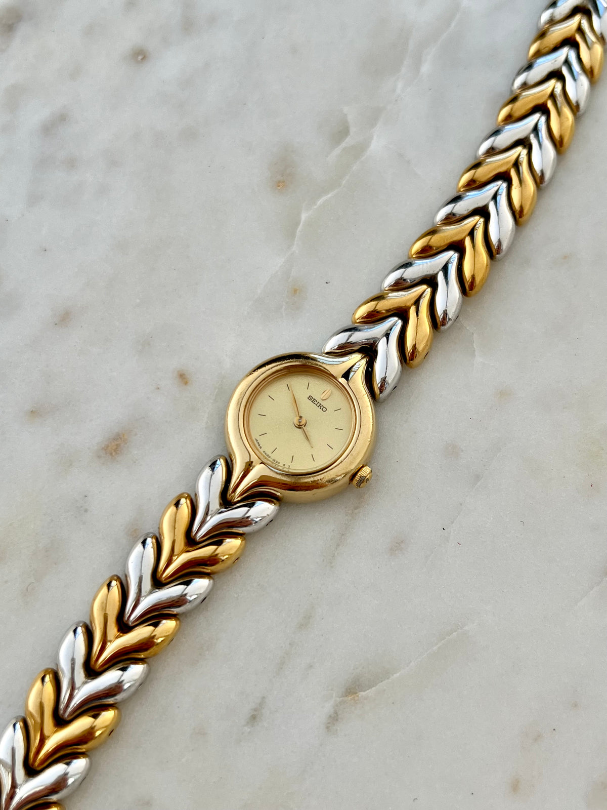 Seiko Two Tone Laurel Bracelet Women's Watch, box set of a vintage women's watch at Gilded Hour.