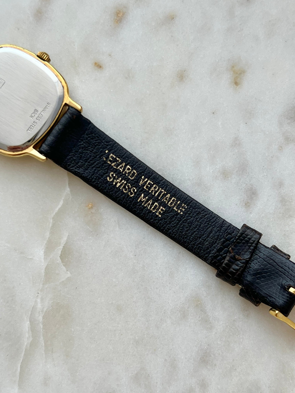 Longines Cushion Champagne Stripe Women’s Watch — Strap lining detail showing genuine leather markings