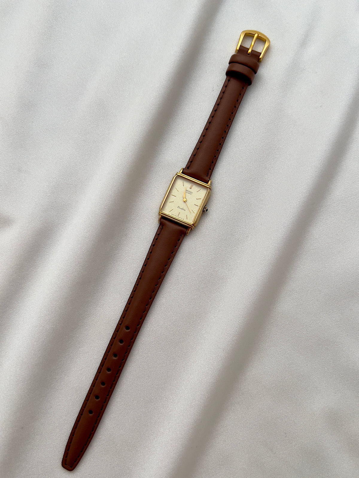 Seiko Exceline Ladies Gold Tank Watch, angled view of a vintage women's watch at Gilded Hour.