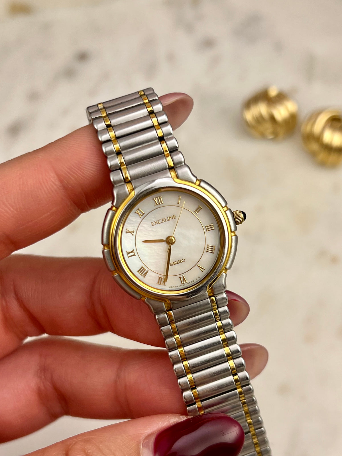 Seiko Exceline mother-of-pearl ladies watch, front.
