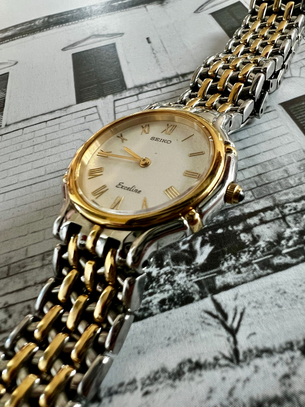 Seiko Exceline Two Tone Woman's Watch, dial close up of a vintage women's watch at Gilded Hour.