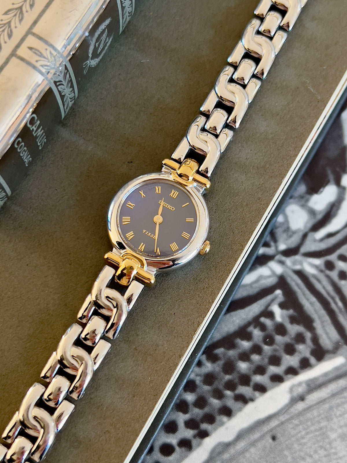 Seiko Two Tone Bracelet Sculpted Woman's Watch with a Blue Dial, box set of a vintage women's watch at Gilded Hour.