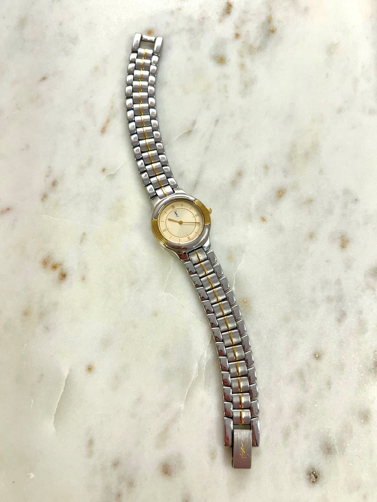 Yves Saint Laurent Gold Sunburst Dial Two Tone Women’s Watch; integrated two tone bracelet with gold tone centre details. Product photograph 10 of 10.