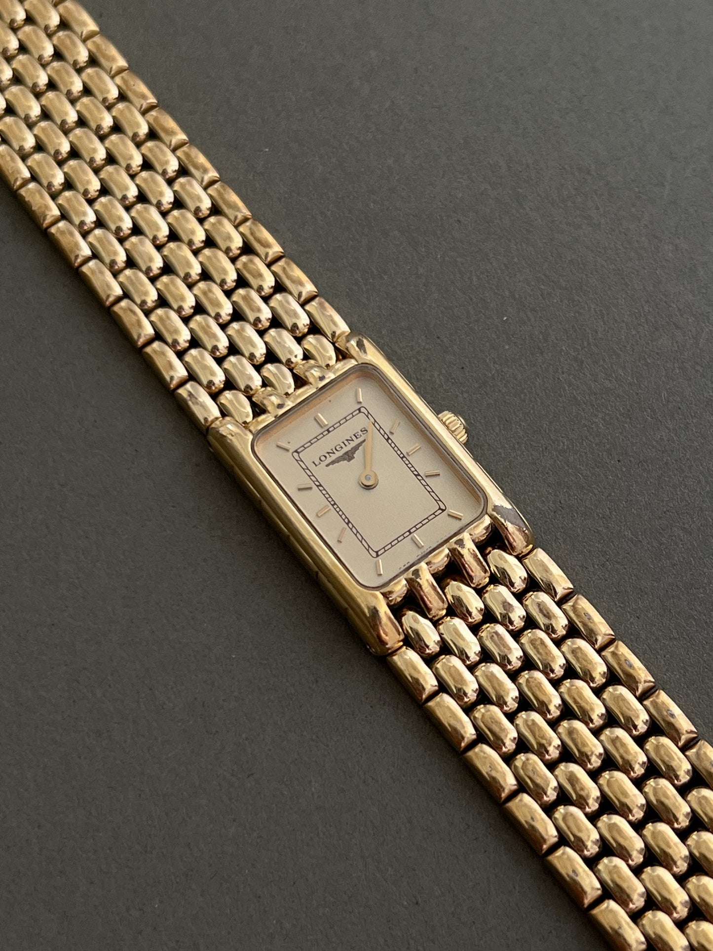 Longines Flagship Gold Ladies Tank Watch with Textured Bracelet