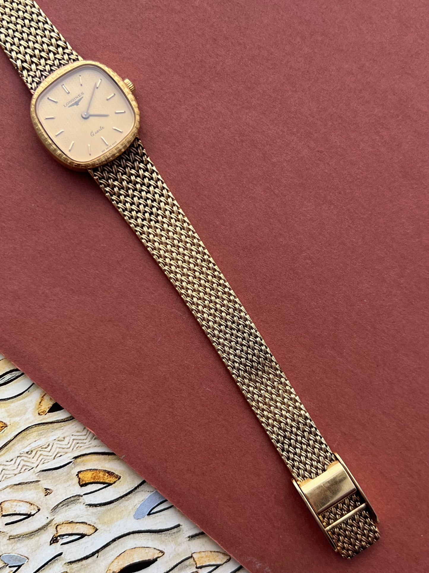 Longines Textured Gold Watch with Woven Bracelet