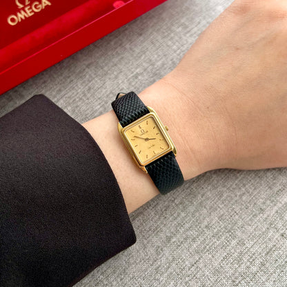 Omega De Ville Champagne Dial Gold Watch with Black Textured Strap