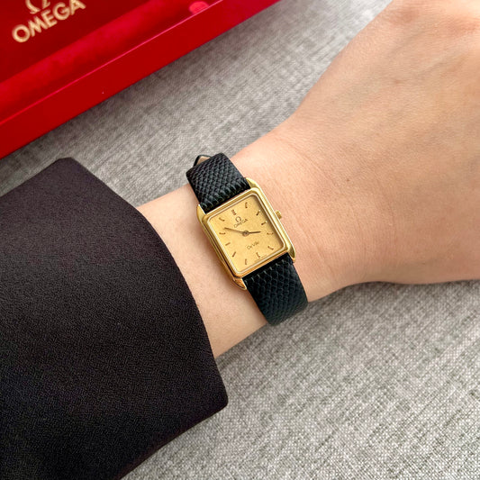 Omega De Ville Champagne Dial Gold Watch with Black Textured Strap
