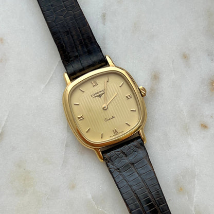 Longines Ladies Gold Cushion Watch with Champagne Stripe Dial