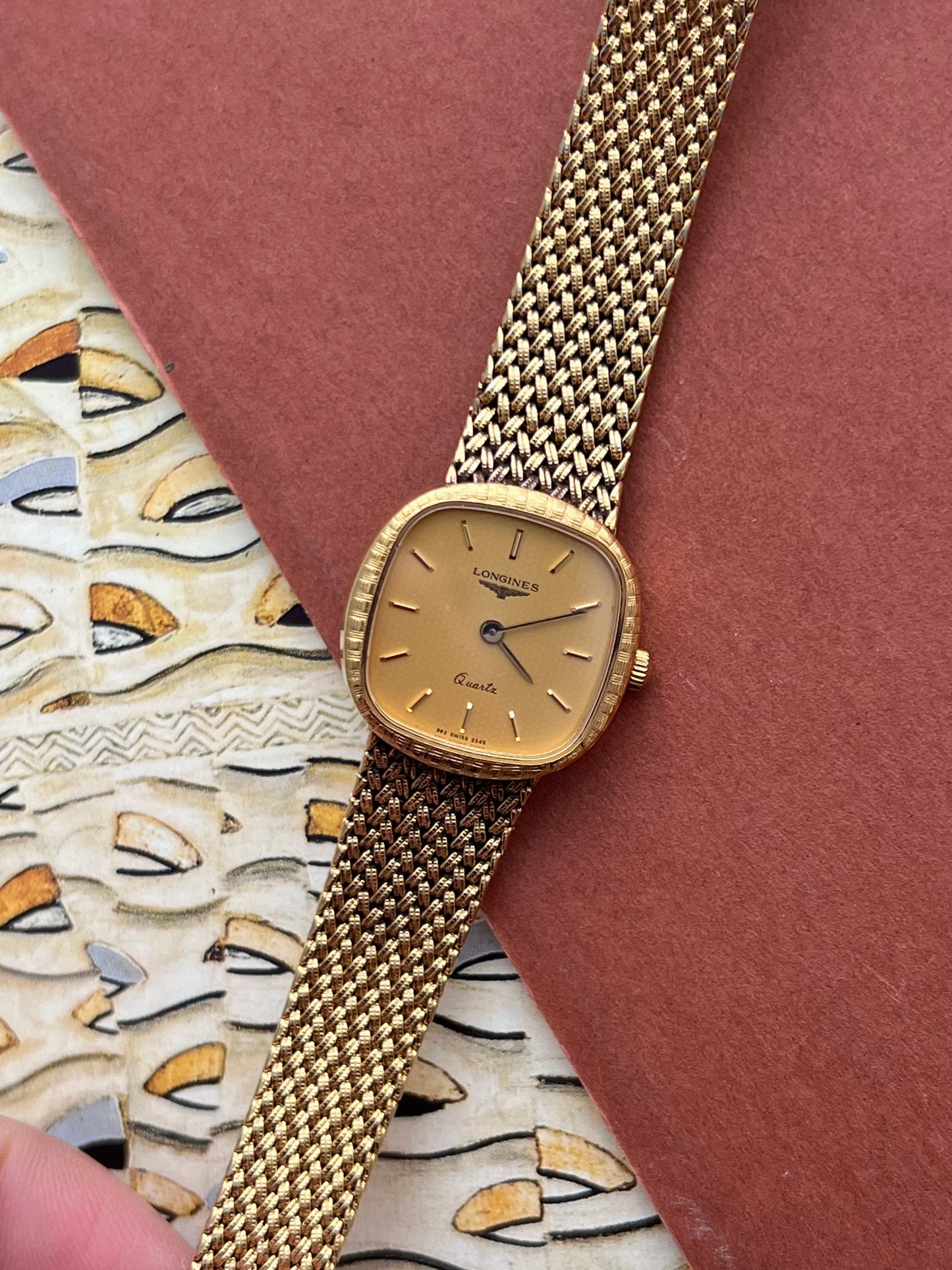 Longines Textured Gold Watch with Woven Bracelet
