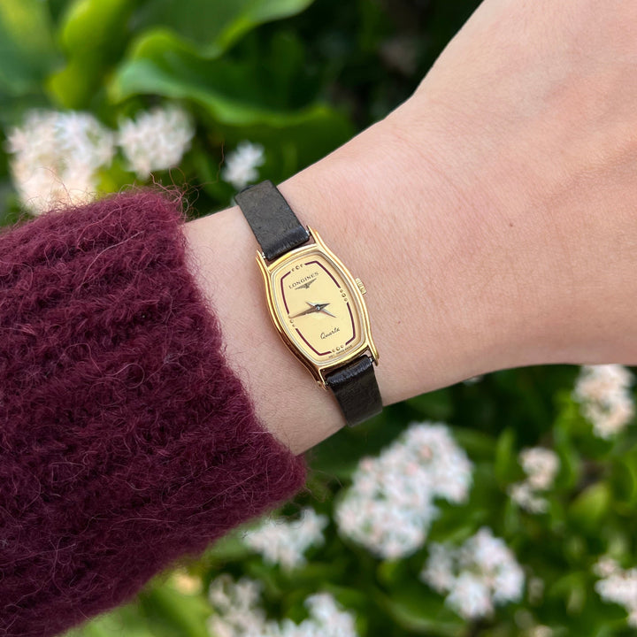 Longines Slender Gold Tonneau women's watch on wrist