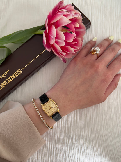 Longines Gold Tonneau Ladies Watch with Golden Dial and Black Leather Strap