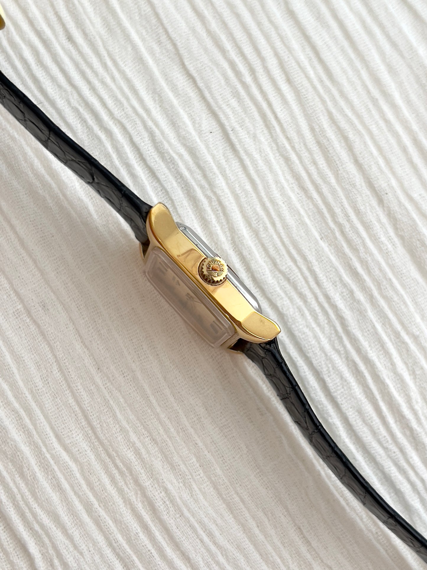 Longines Gold Tonneau Ladies Watch with Golden Dial and Black Leather Strap