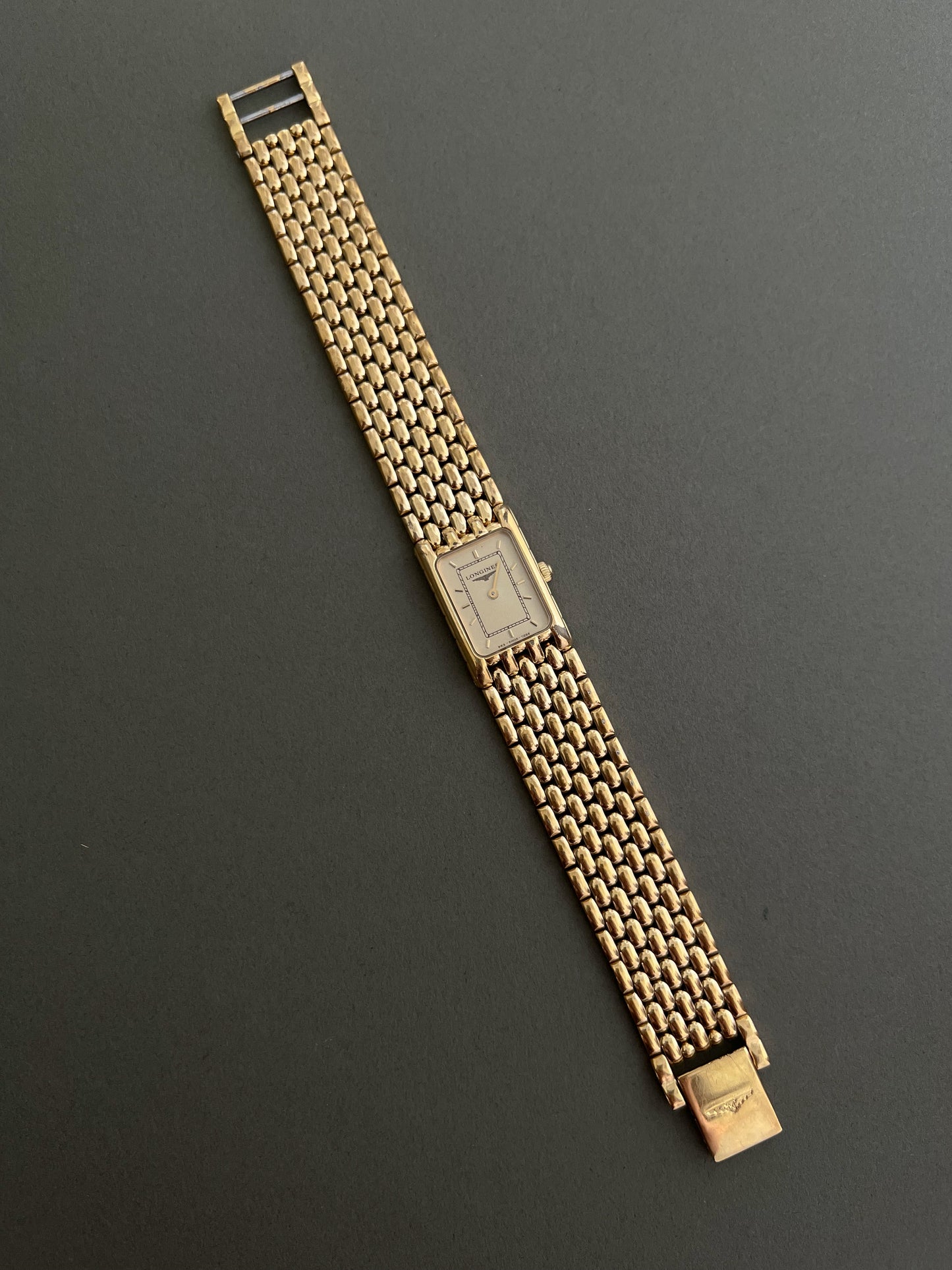 Longines Flagship Gold Ladies Tank Watch with Textured Bracelet