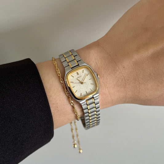Seiko Soft Rectangular Two Toned Woman's Watch with Linen Textured Dial