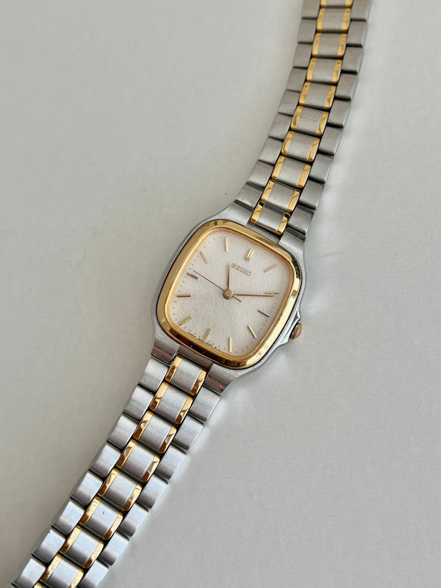 Seiko Soft Rectangular Two Toned Woman's Watch with Linen Textured Dial