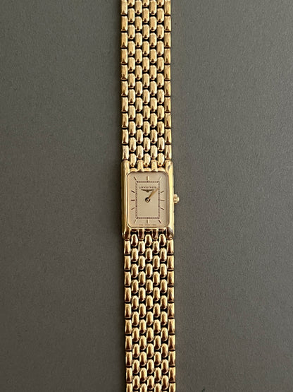 Longines Flagship Gold Ladies Tank Watch with Textured Bracelet