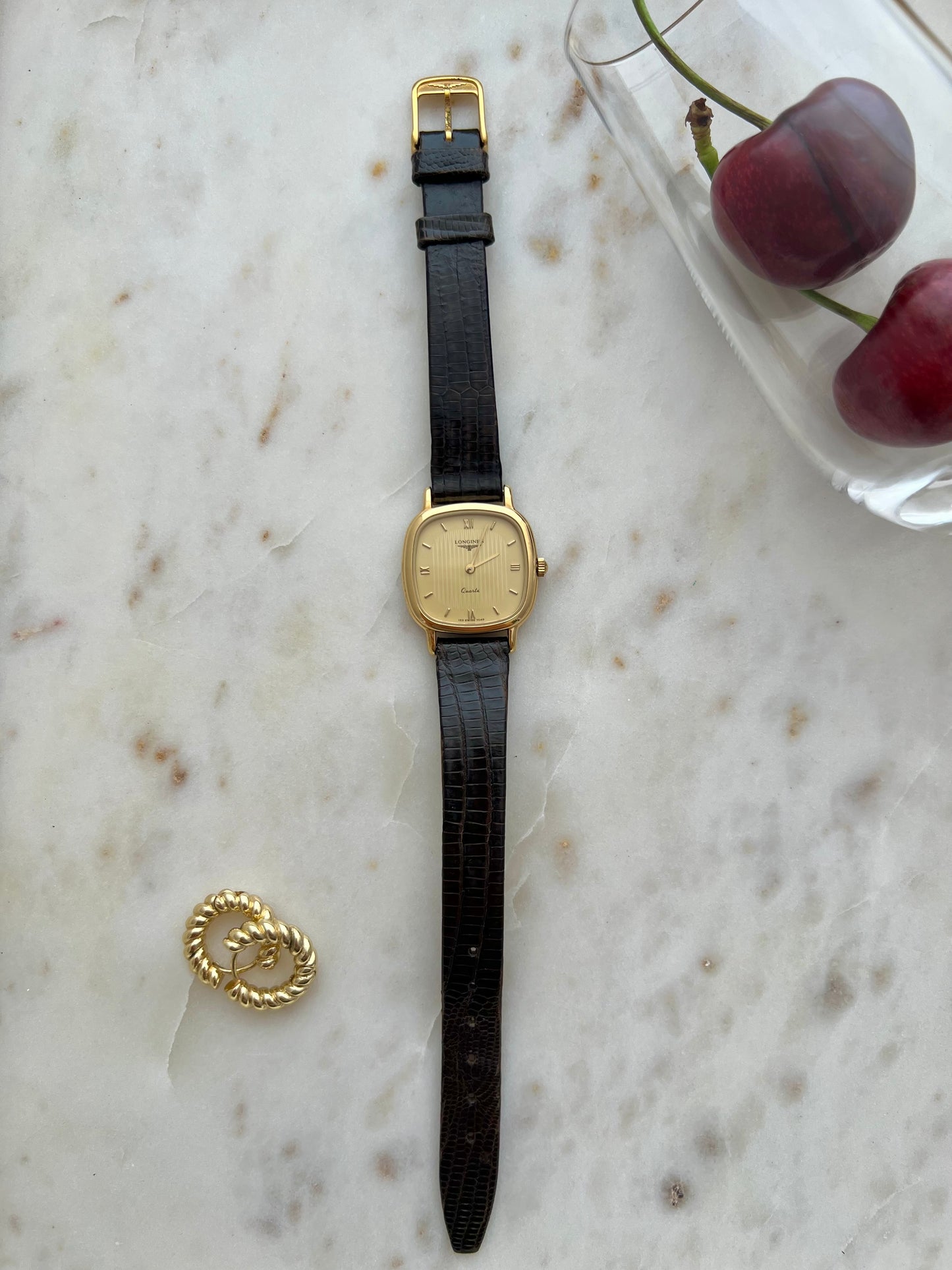 Longines Ladies Gold Cushion Watch with Champagne Stripe Dial