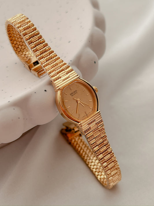 Seiko Gold Toned Vintage Watch with Bamboo Bracelet