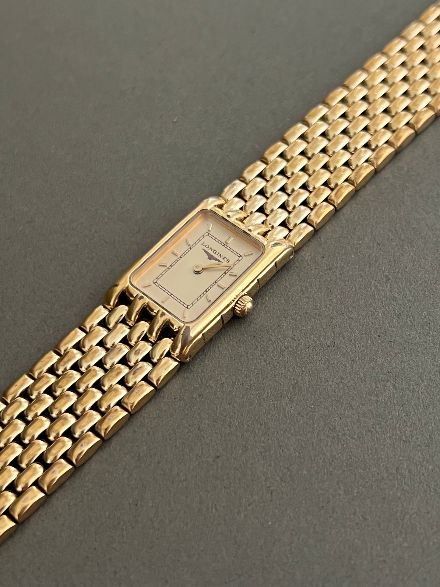 Longines Flagship Gold Ladies Tank Watch with Textured Bracelet